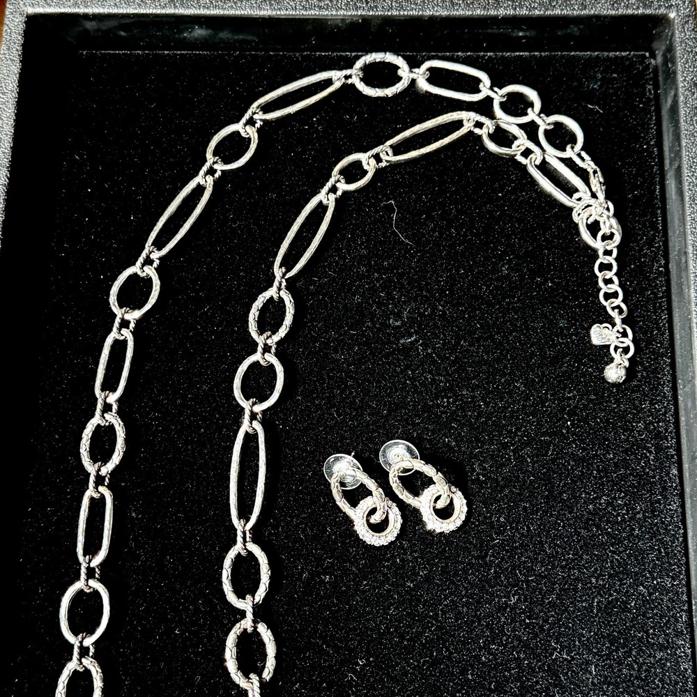 Brighton Silver Long Link Necklace Drop Earrings Set Textured Oval Links Retired - Picture 6 of 14